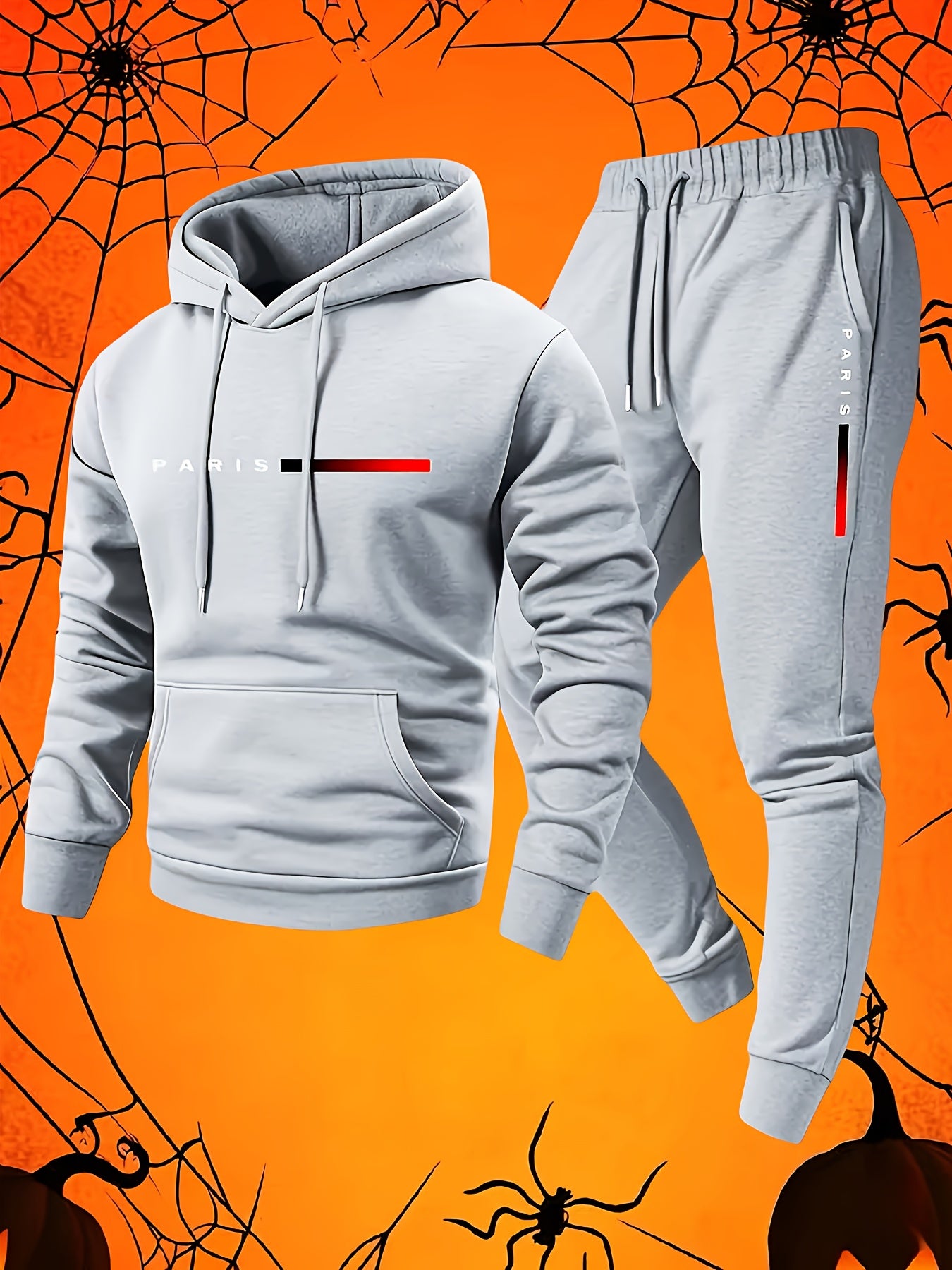 Halloween Men'S Hoodie with PARIS Lettering And Drawstring Sweatpants Set, a Must-Have Outfit for Autumn And Winter, Perfect for Everyday Outdoor Wear