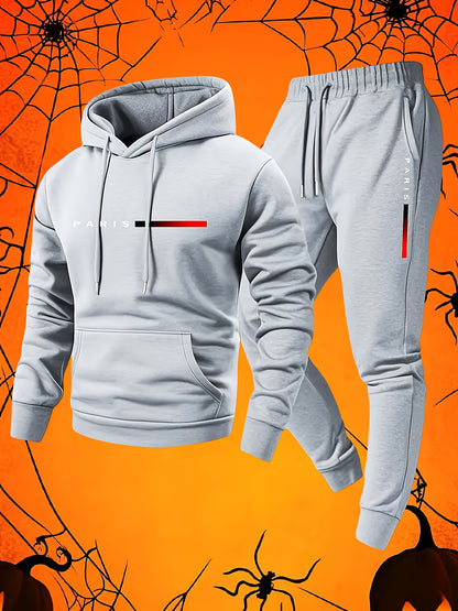 Halloween Men'S Hoodie with PARIS Lettering And Drawstring Sweatpants Set, a Must-Have Outfit for Autumn And Winter, Perfect for Everyday Outdoor Wear