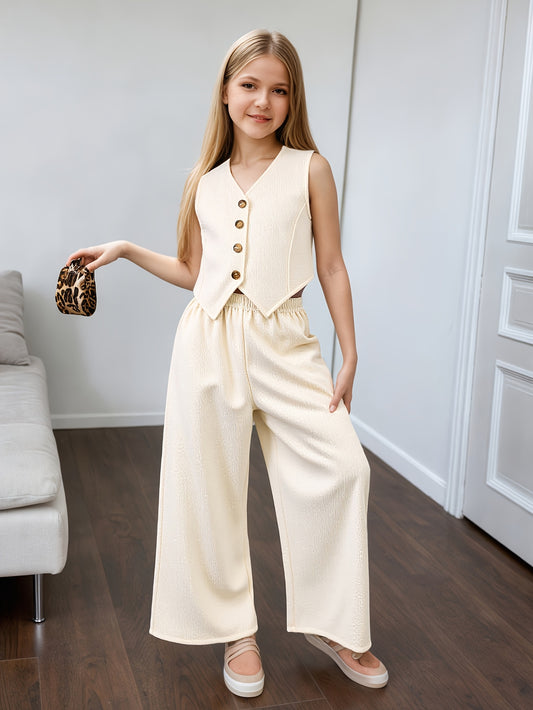 Girls' Summer Casual Set: Vest and Wide-Leg Pants Outfit