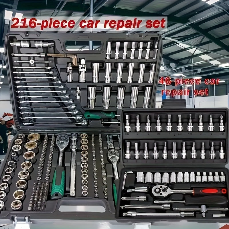 46/216pcs Dual-Use Automotive Repair Tool Set | Universally Applicable for Home and Outdoor, Steel Construction, 1/2*1/4*3/8" Drive Depths, Standard Sockets, Professional Racing-Grade Quick-Change