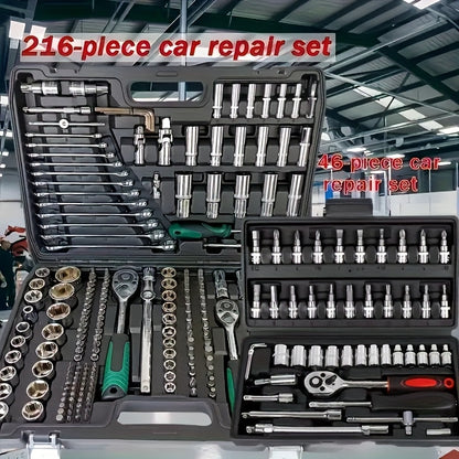 46/216pcs Dual-Use Automotive Repair Tool Set | Universally Applicable for Home and Outdoor, Steel Construction, 1/2*1/4*3/8" Drive Depths, Standard Sockets, Professional Racing-Grade Quick-Change