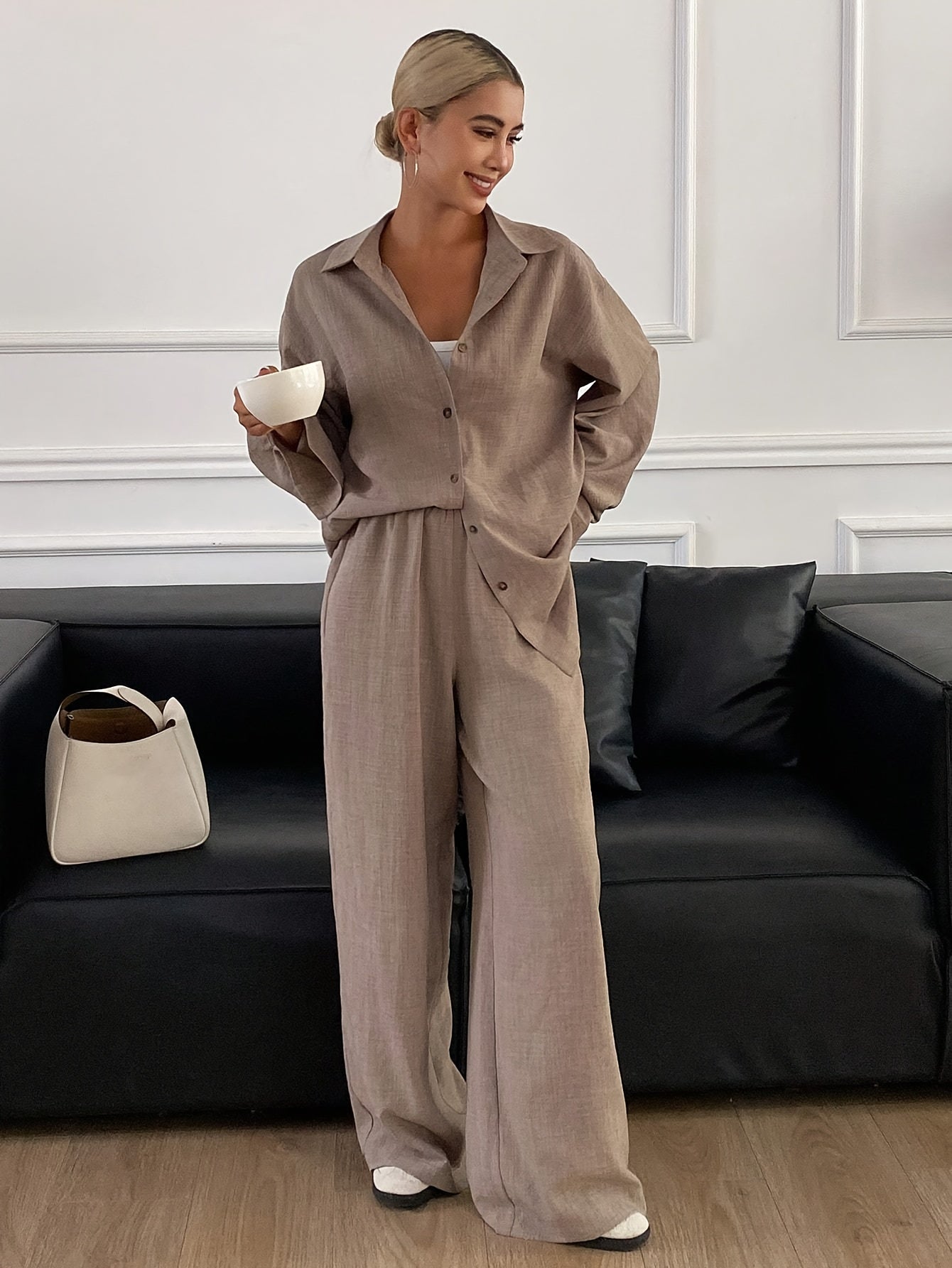Elegant Women's Loose Two-Piece Set with Solid Polyester Pants