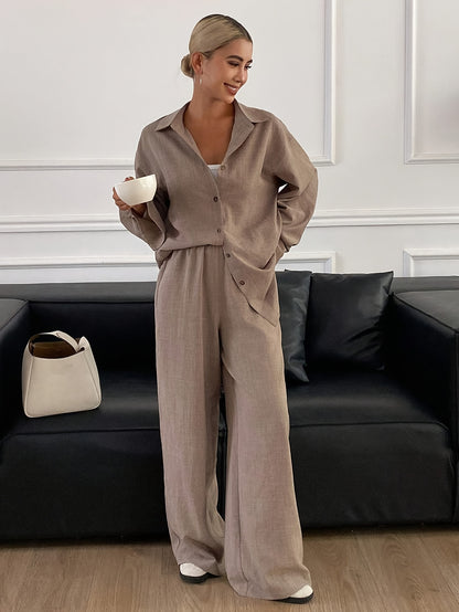 Elegant Women's Loose Two-Piece Set with Solid Polyester Pants