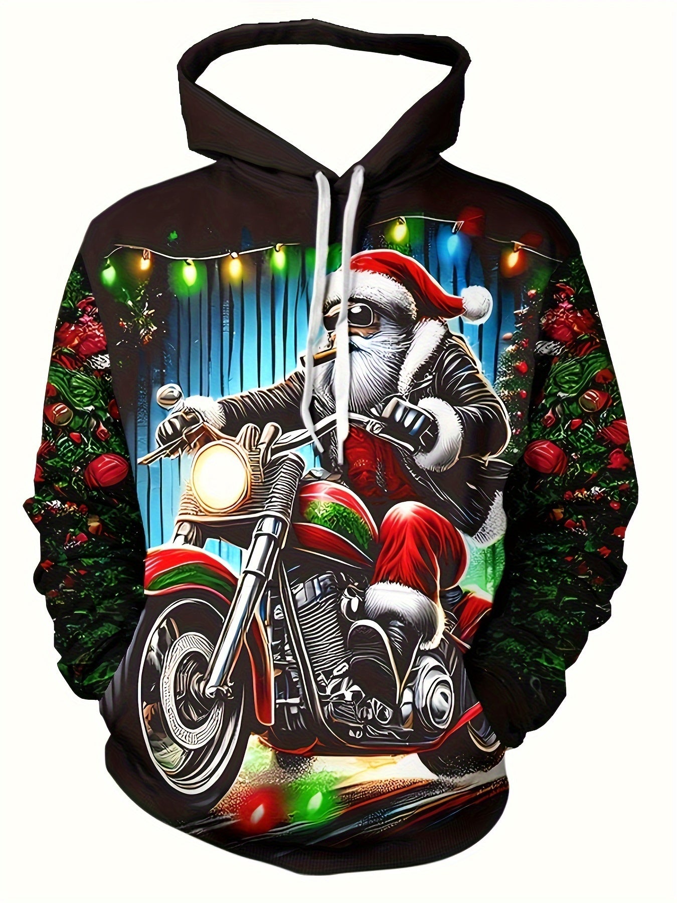 Plus Size Men'S Festive Santa Claus Motorcycle Hoodie - Long Sleeve, Casual Pullover with Drawstring and Kangaroo Pocket, Polyester, Machine Washable - Perfect for Autumn and Winter Street Style | Christmas Claus Motor Print