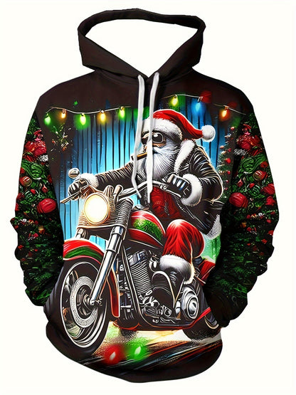 Plus Size Men'S Festive Santa Claus Motorcycle Hoodie - Long Sleeve, Casual Pullover with Drawstring and Kangaroo Pocket, Polyester, Machine Washable - Perfect for Autumn and Winter Street Style | Christmas Claus Motor Print