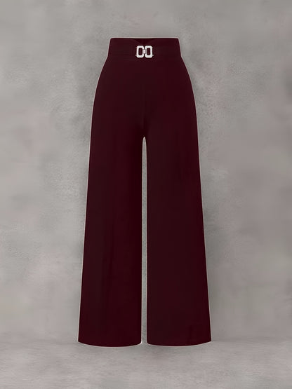 Elegant Wide-Leg Stretch Pants for Women - Solid Color, All Season