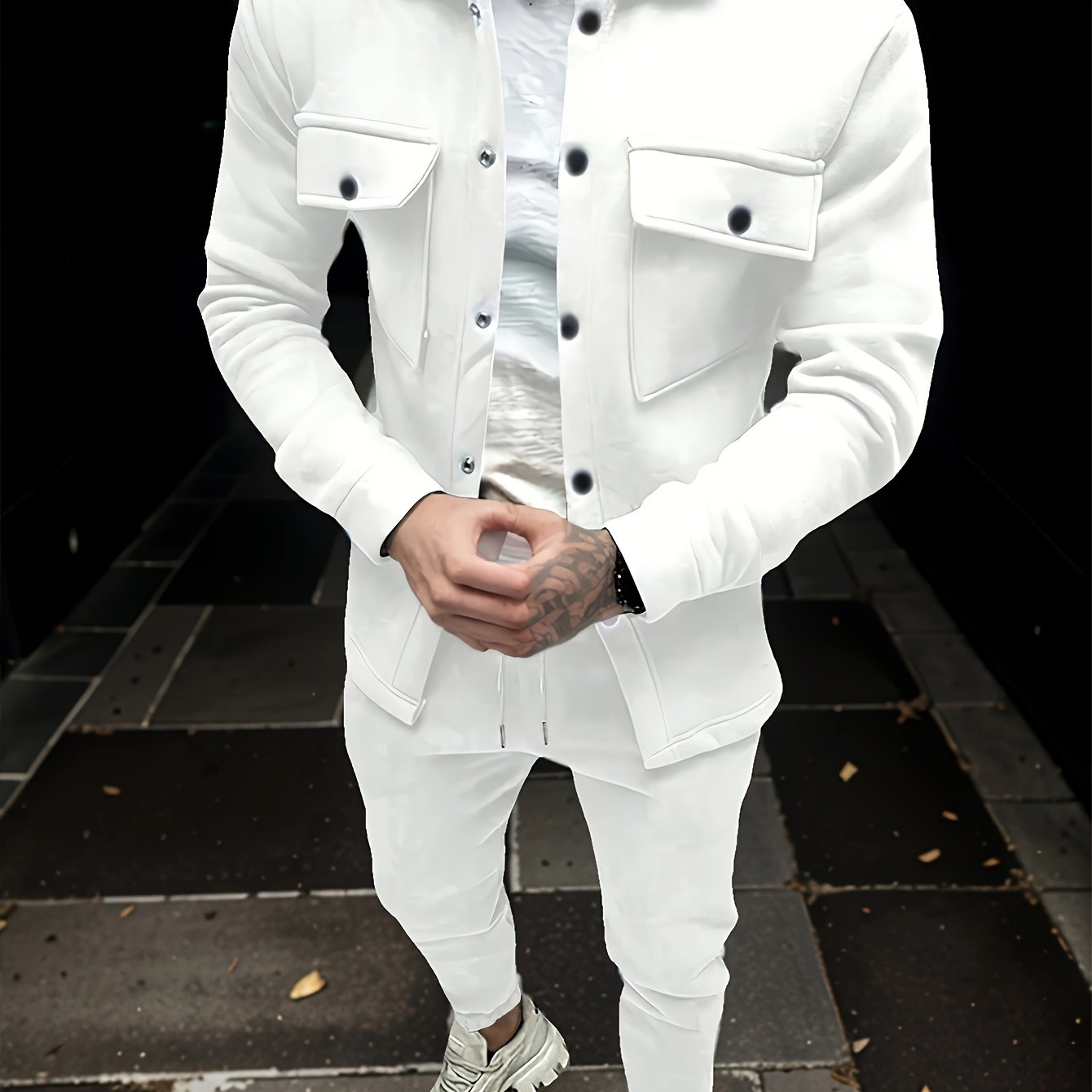 1set Men'S Casual Solid Color Polyester Outfit - Long Sleeve Button-Down Lapel Collar Jacket with Pockets and Drawstring Long Pants Set for Fall/Winter