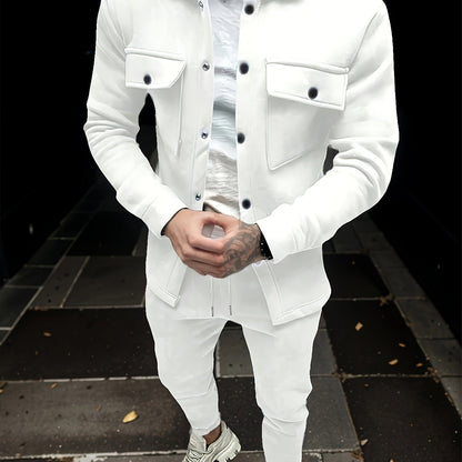 1set Men'S Casual Solid Color Polyester Outfit - Long Sleeve Button-Down Lapel Collar Jacket with Pockets and Drawstring Long Pants Set for Fall/Winter