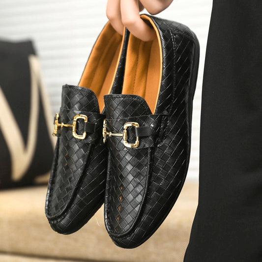 Men's Slip-On Loafers - Black  Tan Casual Shoes with Golden-Tone Metal Accents, Round Toe Comfort, All-Season Versatile for Office  Social Events, Casual Attire, Elegant Style, Premium Material, Modern Gentlemen