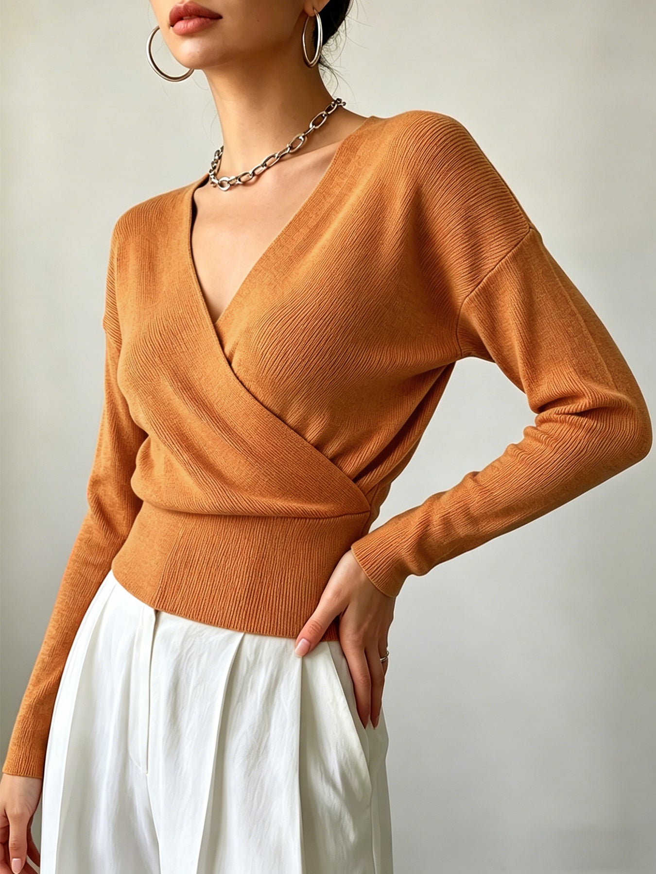 Women's Elegant Cross-Collar V-Neck Pullover Knitwear for Fall/Winter