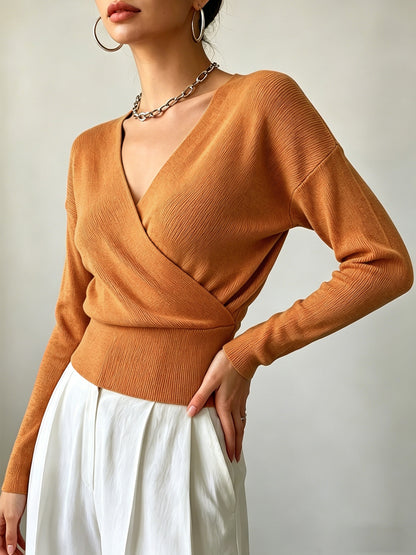 Women's Elegant Cross-Collar V-Neck Pullover Knitwear for Fall/Winter