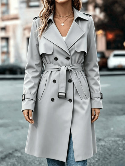 Elegant Solid-Color Double-Breasted Trench Coat with Belt