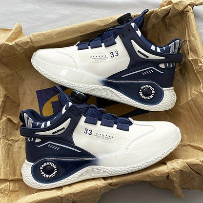 [Athletic Performance] Men's Breathable Casual Sneakers - Stylish Loafers with Rotating Buckle, Navy Blue  White Design, Comfortable PU Upper  PVC Sole for Casual Attire, Running, and Outdoor Activities