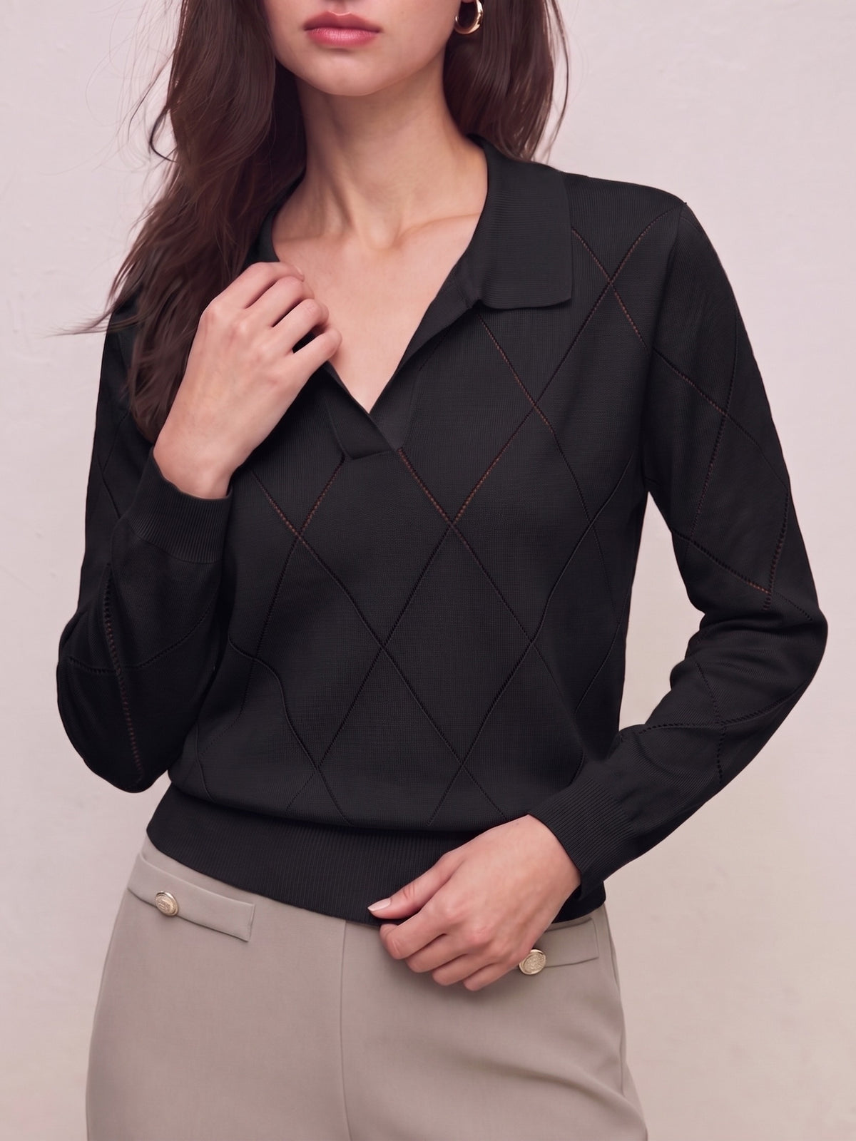 Elegant Women's Polo Neck Argyle Sweater with Loose Fit