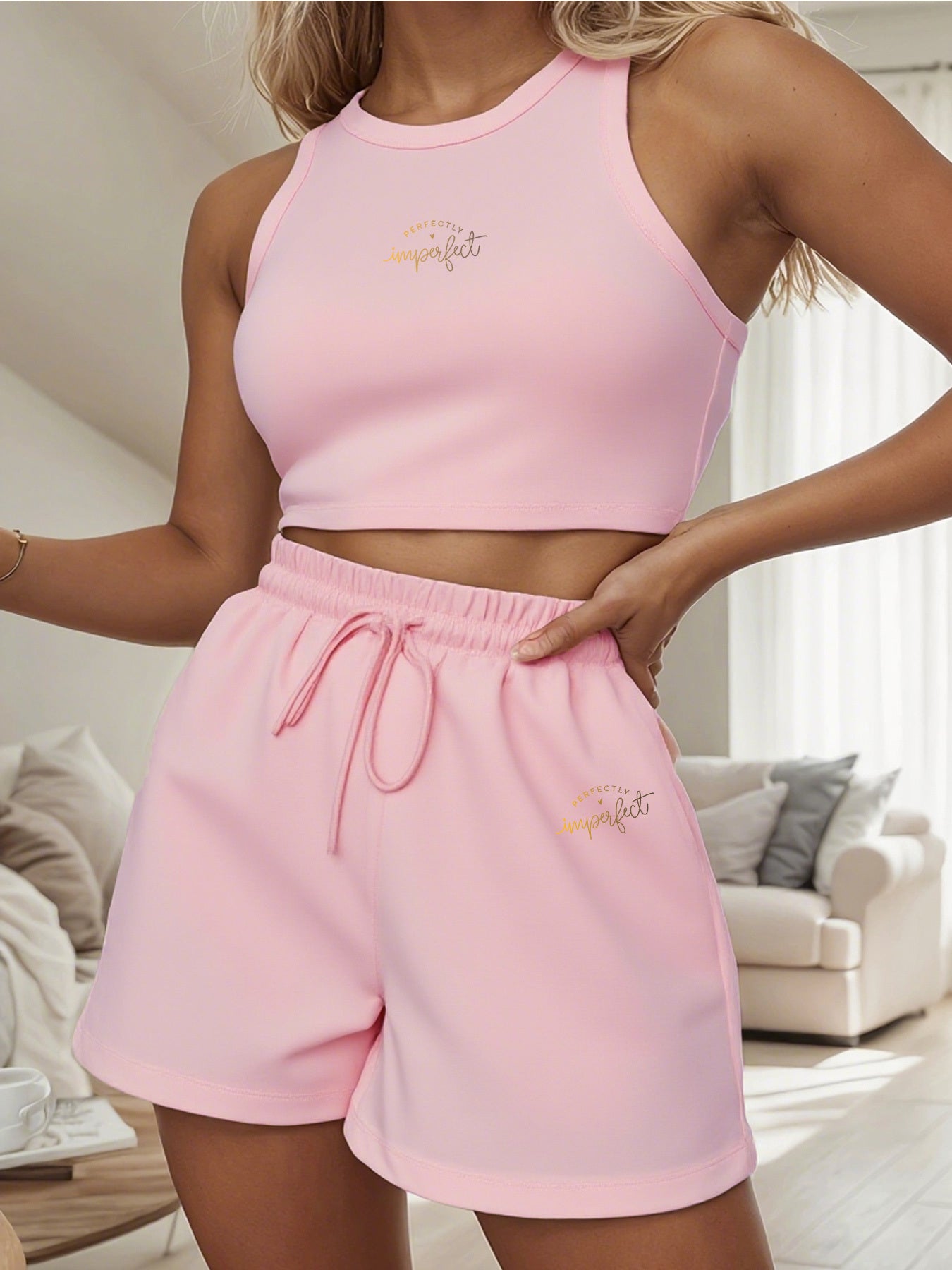 Women's Casual Two-Piece Set with English Print, Short Sleeve & Wide L
