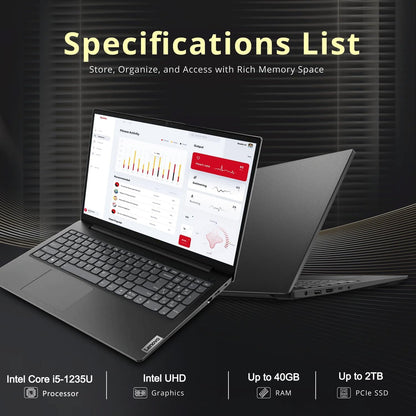 Lenovo V-Series V15 Business Traditional Laptop, 15.6" FHD Display, Intel Core I5-1235U, 40GB RAM, 1TB SSD, Webcam, Numeric Keypad, HDMI, RJ45, Wi-Fi, Windows 11 Pro, Black