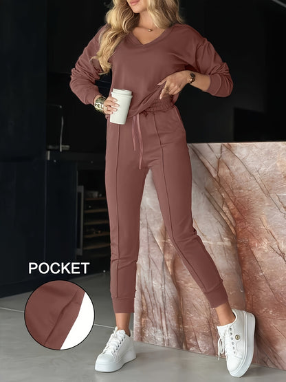 Casual Long Pants And V-Neck Top Women'S Outfit - ayq