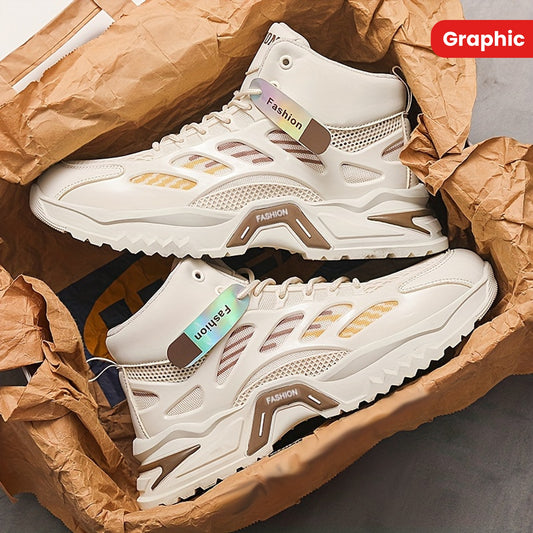 Fashion Mid-Top Sneakers for Men - Casual Street Style Athletic Shoes with Graphic Pattern, Lace-Up Closure, All-Season Round Toe Trainers with PU Upper, Fabric Lining  Insole, Anti-Slip PVC Sole