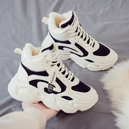 Women's Plush Fleece-Lined High-Top Sneakers - Thick-Soled Winter Warm Lace-Up Shoes with PU Upper & Cushioned PVC Sole, White/Black/Grey Chunky Dad Shoes (Cozy Round Toe) - Instagram Trendy Winter Footwear by I Trend