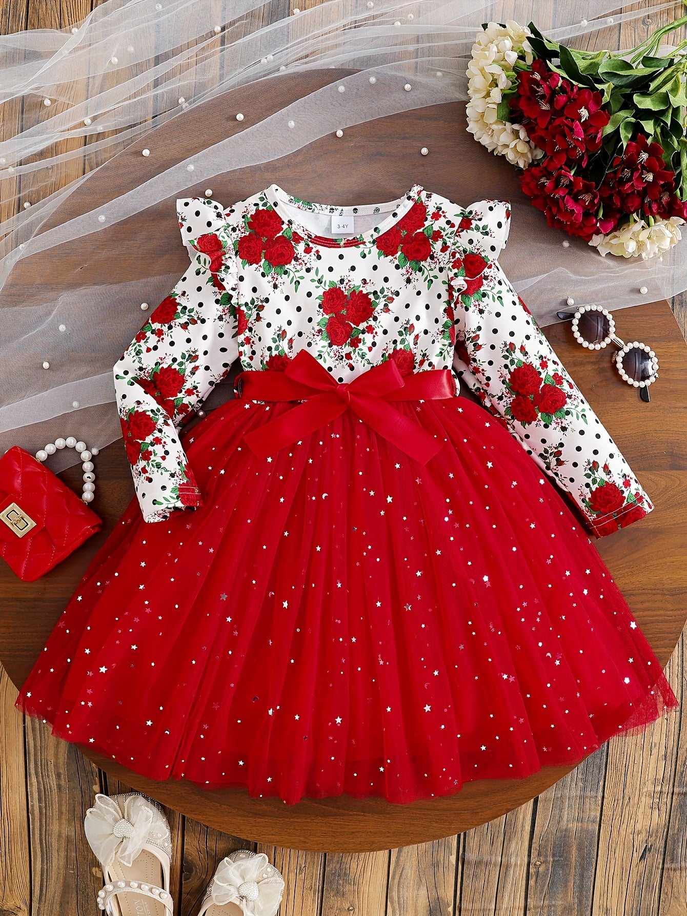 COVIVIKY Girls' Elegant Long Sleeve Party Dress with Puff Skirt & Sheer Panel - Knee-Length A-Line Wedding Prom Dress, Belted Waist Bow & Netting Trim, Hand Washable Winter Formal Gown for Girls (Age 4-12)