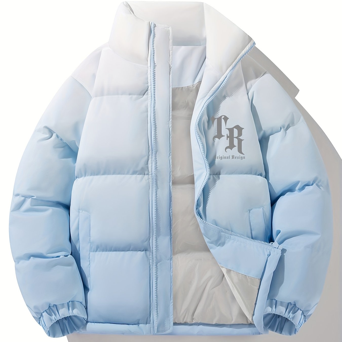 1pc Men'S Street Style Stand Collar Coat, Alphabet Print, Regular Fit, Drawstring Detail, Non-Stretch Woven Polyester, 100% Polyester Filler, Long Sleeve Casual Warm Gradient Jacket for Autumn and Winter