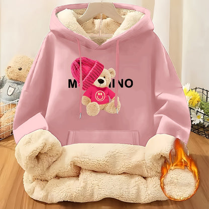 Women'S Thick Fleece Hooded Sweatshirt with Cute Bear Print & Plush - Cozy Winter Warmth, Drawstring Hood & Pockets, Casual Retro Style, Machine Washable For Fall/winter Commuting & Daily Wear, Winter Sweatshirt, Seasonal Fas