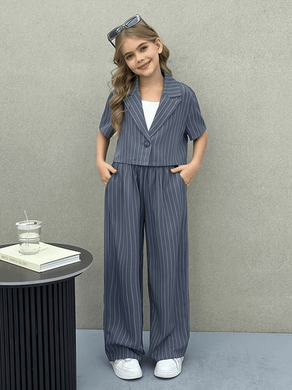 Girls' Elegant 2-Piece Striped Suit Set with Bow Detail