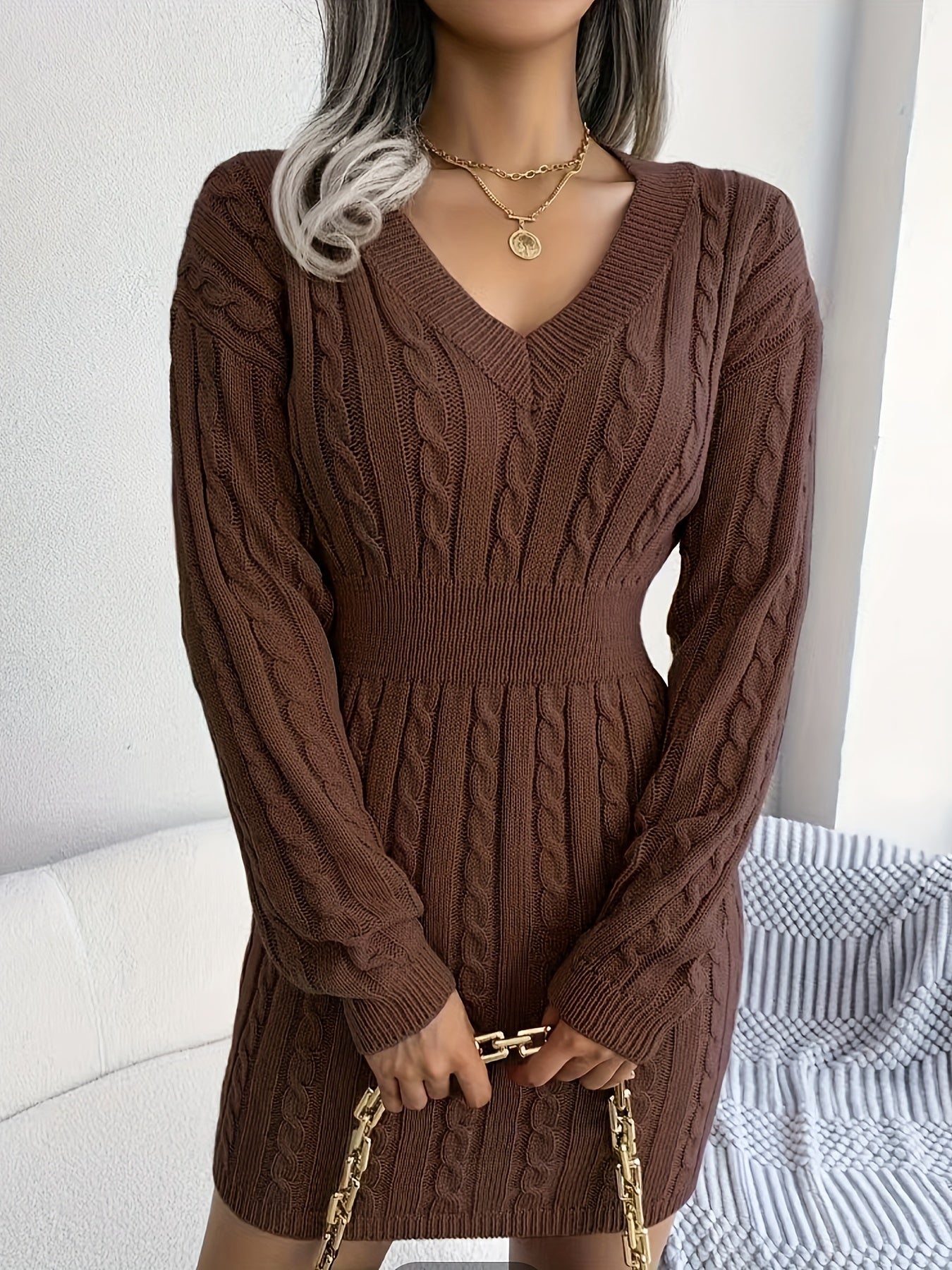 Women's White/ Twist- V-Neck Shorter-to-Oversized-Hem White Button-like Placket (No Buttons) Dress - Full-Length Long Sleeve Winter Winter Short/Long Dress (No) - Slim-Fit Tummy Control for Fall/Winter (Low-Maintenance