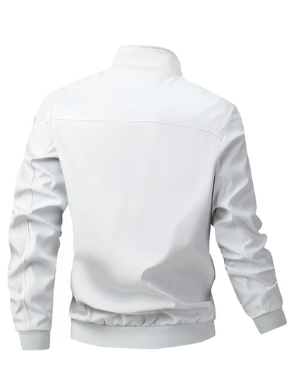 Men's Casual Royal Blue Bomber Jacket - Full Zip, Loose Fit, Polyester, Stand Collar, Long Sleeve, Lightweight & Durable for Spring and Fall, Casual Outerwear | Ribbed Cuff Sleeves | Durable Outerwear