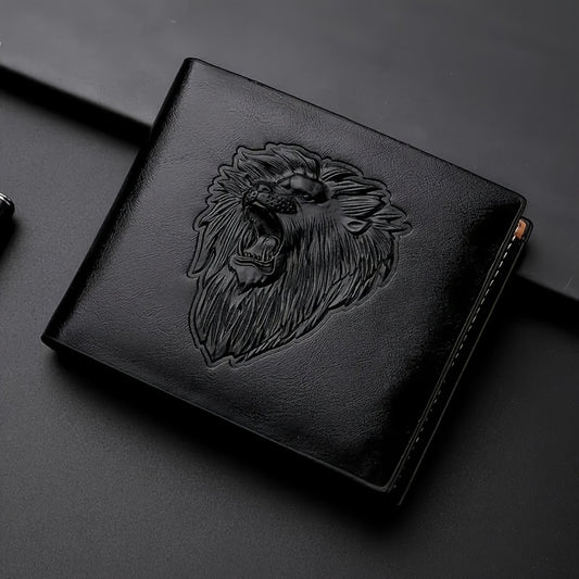 1pc Men's Lion 3D Embossed Pattern Wallet, Business PU Leather Wallet