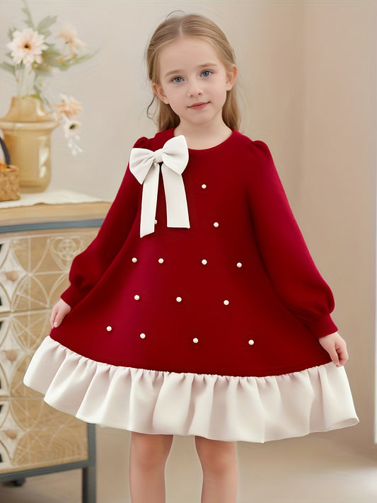 Girls' Elegant Burgundy Princess Dress with Bow & Ruffled Hem - Long Sleeve A-Line Party & Everyday Dress for Fall/Winter, Non-Stretchy Fabric, Perfect For Holiday Celebrations & Casual Outings, Princess Dress For Girls, Wint
