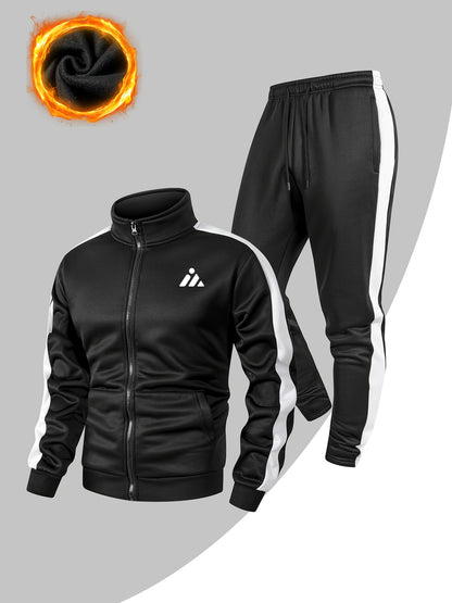 Men's Casual Sportswear Set with Geometric Print, Black & White