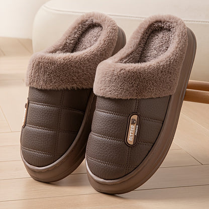 Men's Large PU Faux Leather Slippers Thick EVA Sole Warm Slip-On