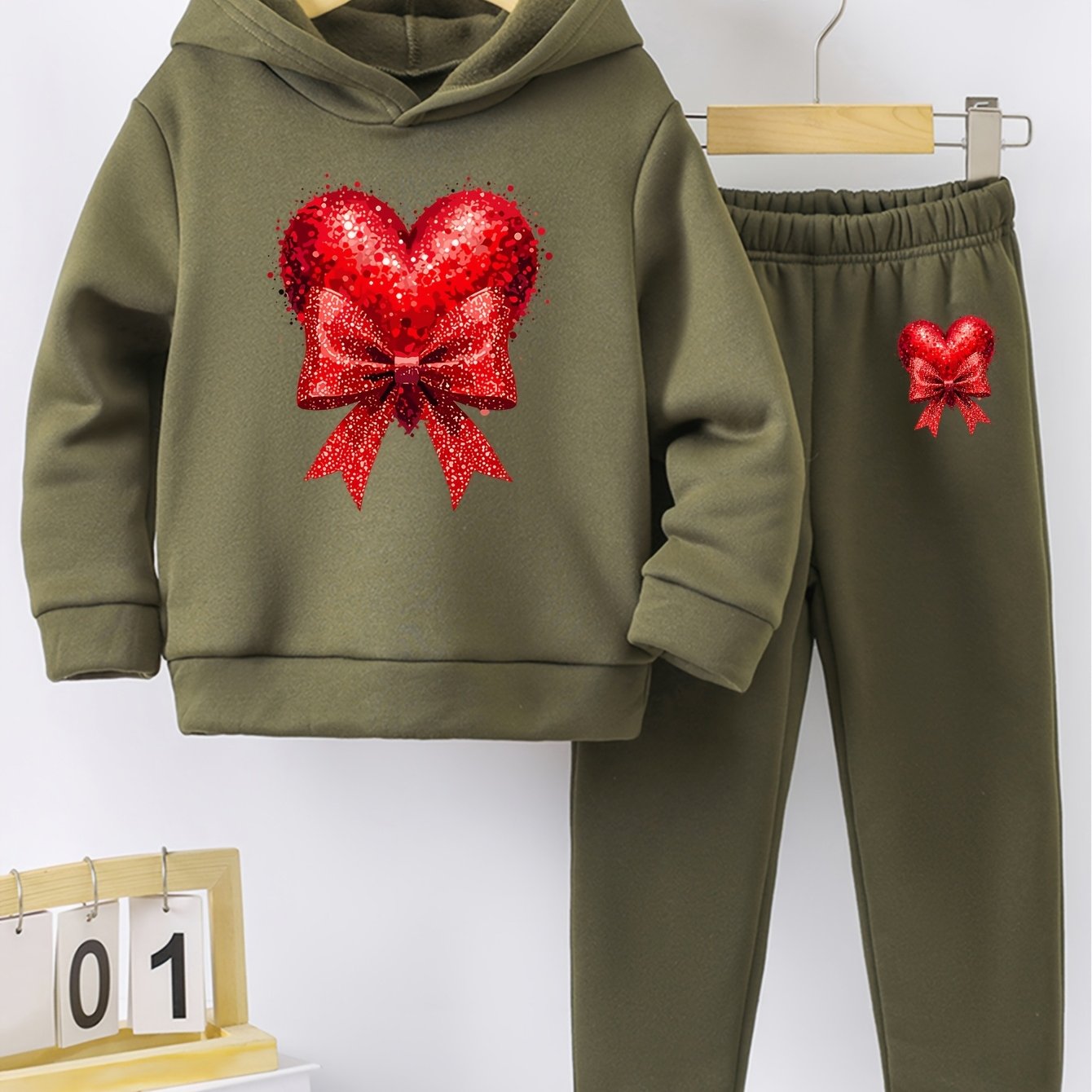 Girls' Autumn and Winter Thickened Hoodie Sports Two-Piece Set, Red Heart Bow Print Hoodie + Pants Outfit, Soft Light Beige-Friendly Fabric, Comfortable Warm Non-Shedding, Suitable for Outdoor Play, School, Holiday Gatherings