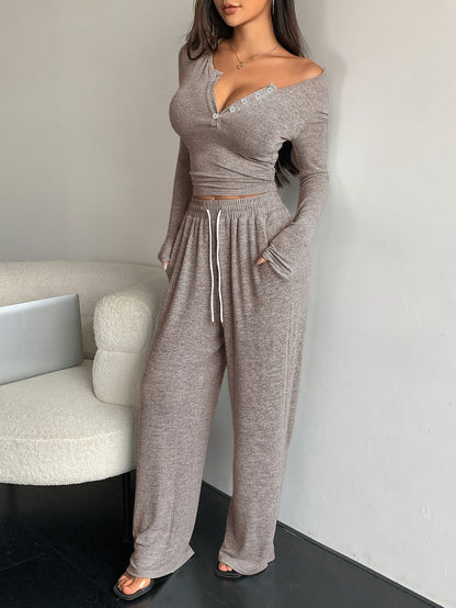 Elegant Fall/Winter Slim-Fit Cropped Top & Wide-Leg Pants Set - ayq