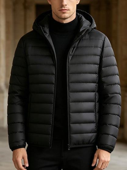 Men's Casual Hooded Padded Coat - Warm Polyester Outerwear
