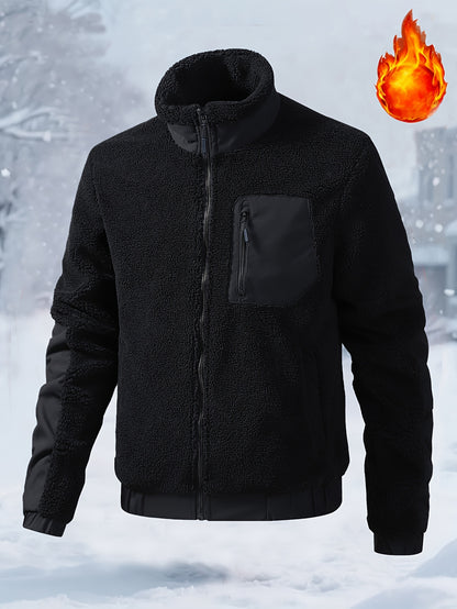 Men'S Heavyweight Fleece Jacket - Thermal Winter Coat with Stand Collar, Zipper Closure, Front Pockets - Brown/ - Cold Weather Outerwear for Everyday & Formal, Winter Jacket, Casual Outerwear, Durable Polyester, Seasonal Fash