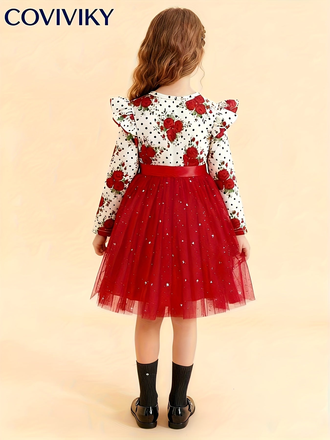 COVIVIKY Girls' Elegant Long Sleeve Party Dress with Puff Skirt & Sheer Panel - Knee-Length A-Line Wedding Prom Dress, Belted Waist Bow & Netting Trim, Hand Washable Winter Formal Gown for Girls (Age 4-12)