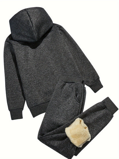 2pcs Boys' Thick Fleece-Lined Hooded Sweatsuit Set - Cozy Winter Warmth, Long Sleeve Pullover & Pants with Pockets, Casual Outdoor Playwear for Fall/Winter, for Outdoor, Winter Clothing