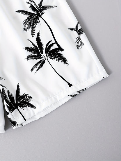 2pcs Boys Casual Coconut Tree Graphic Print Short Sleeve Lapel Shirt & Shorts Set, Comfy Summer Boys Clothing For Daily & Outdoor Wear