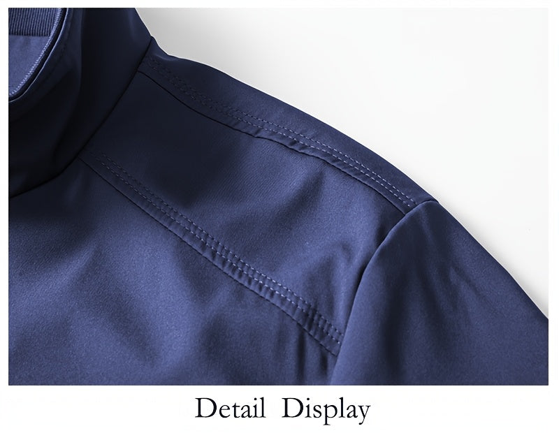 Men's Casual Royal Blue Bomber Jacket - Full Zip, Loose Fit, Polyester, Stand Collar, Long Sleeve, Lightweight & Durable for Spring and Fall, Casual Outerwear | Ribbed Cuff Sleeves | Durable Outerwear