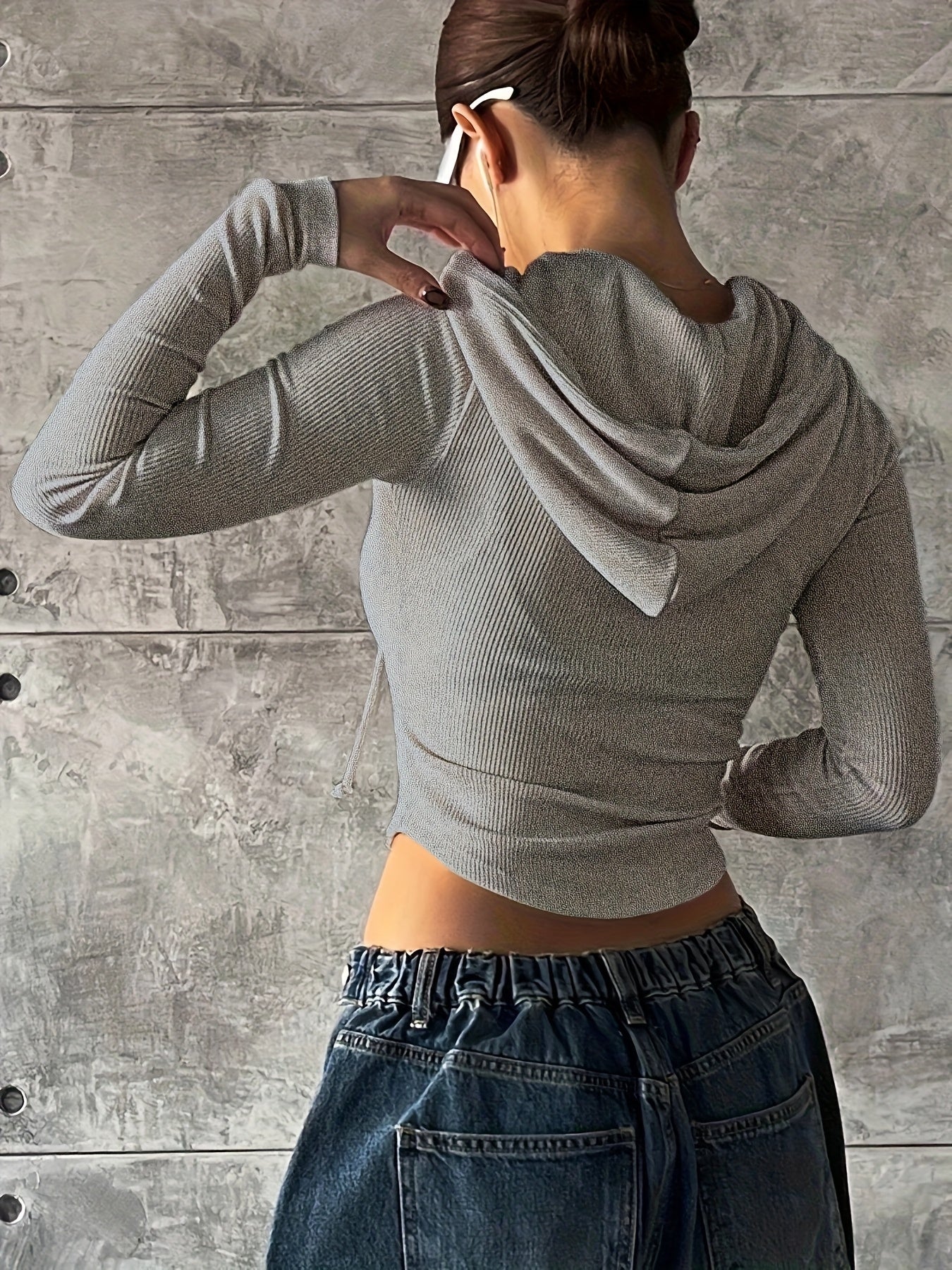 Women'S Elegant Zip-Up Hooded Jacket - Long Sleeve, Black Ribbed, Drawstring Front, Casual Style for Spring/Fall, Casual Outerwear | Hooded Jacket | Construction, Essential Hoodie