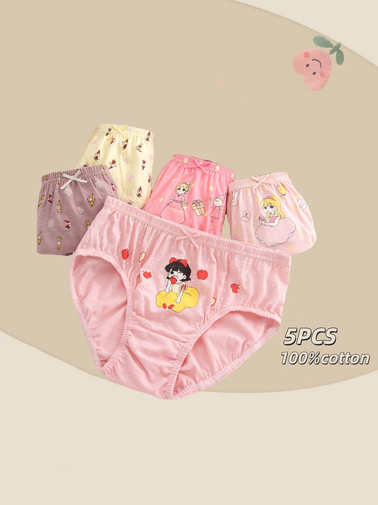 5-Pack Girls' Cotton Briefs with Cute Cartoon Prints