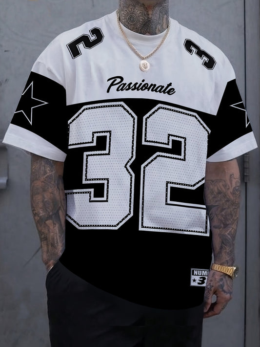 Men'S Summer Casual Crew Neck T-Shirt - Short Sleeve, Print Number 32 Design, White  Black Contrast, Regular Fit Casual Top for Casual Attire, Leisure Clothing   Contrast Color Top   Comfortable Fit