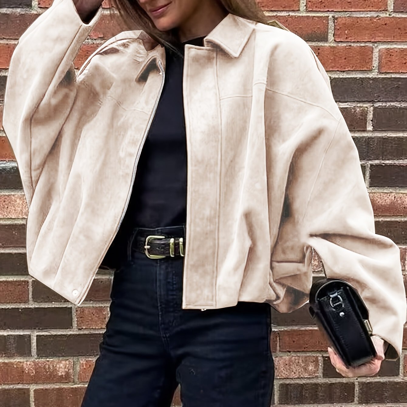 Women'S Vintage Bomber Jacket - Loose Fit Long Sleeve Zip-Up with Drop Shoulder Design, Brown Casual Outerwear for Fall/Winter, Non-Stretch Fabric, Perfect for Casual Attire, Autumn Winter Jacket | Vintage Bomber Style | Zipp