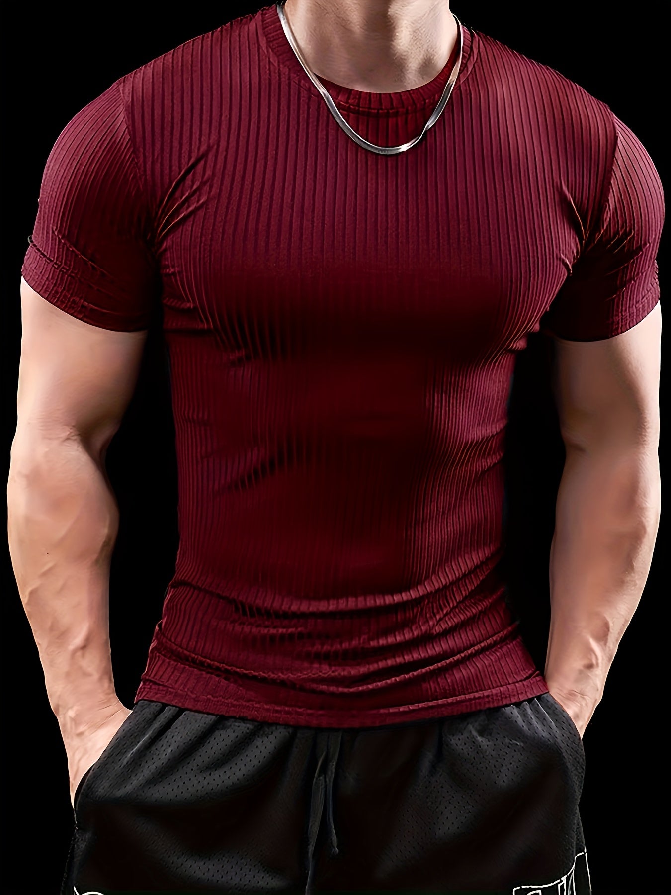 Men's Slim Fit Ribbed Short Sleeve T-Shirt - Stretchy Athletic  Casual Wear, Green, Round Neck, Machine Washable, Muscle-Enhancing Design, Gym Shirts