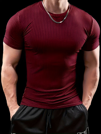 Men's Slim Fit Ribbed Short Sleeve T-Shirt - Stretchy Athletic  Casual Wear, Green, Round Neck, Machine Washable, Muscle-Enhancing Design, Gym Shirts