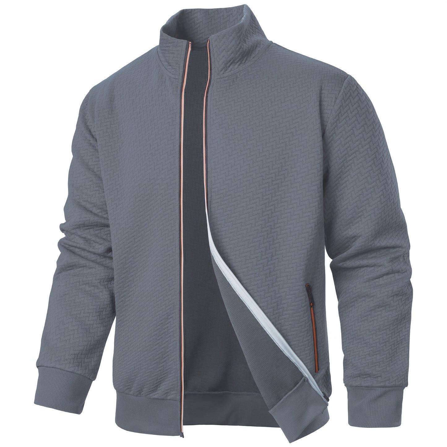 Men's Casual Zip Up Jacquard Jacket, Chic Stand Collar Coat for Spring Fall, Autumn And Winter, Hoodie Top