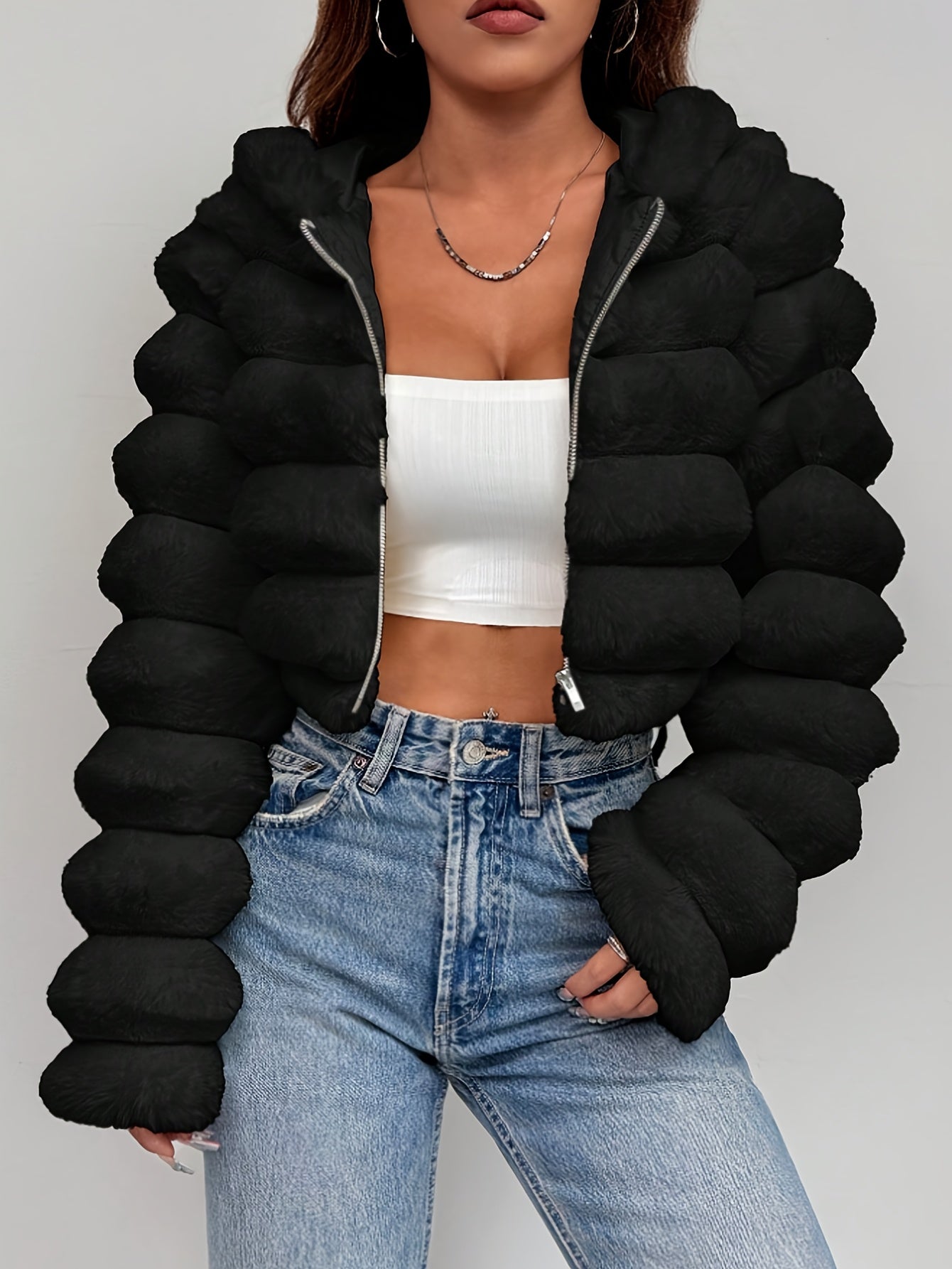 Women'S Elegant Black Faux Fur Hooded Jacket - Short Length Winter Coat with Zipper Closure, Long Sleeves, Solid Color, Casual Style for Fall/Winter, Winter Outerwear | Elegant Hooded Jacket | Zipper Closure Jacket