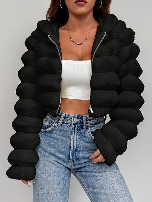 Women'S Elegant Black Faux Fur Hooded Jacket - Short Length Winter Coat with Zipper Closure, Long Sleeves, Solid Color, Casual Style for Fall/Winter, Winter Outerwear | Elegant Hooded Jacket | Zipper Closure Jacket